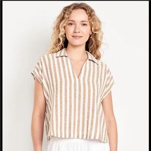 Old Navy Striped Tan and White Women's Top Linen-Blend
